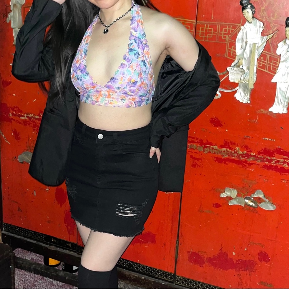 Black ripped raw hem denim skirt